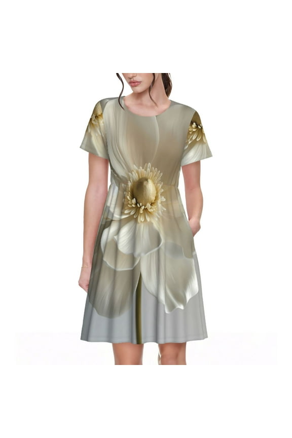 Elegant Ivory Flower Print Women's Short Sleeve Dress, Elastic Waistband A-line with Pockets Summer Dress, Suitable for Daily Leisure, Work, Vacation
