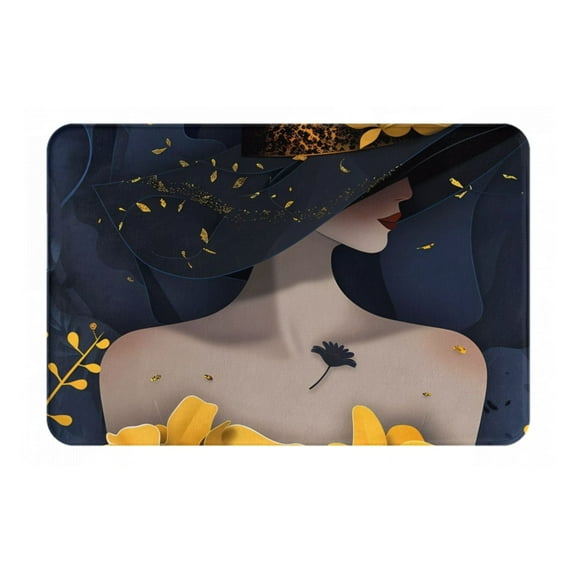Gukieu Elegant Lady With Hat Print Dust-proof Floor Mats, Water-absorbent and Non-slip Flannel Door Mats 16x24in, Home Decoration Suitable for Kitchen, Bathroom, Garage