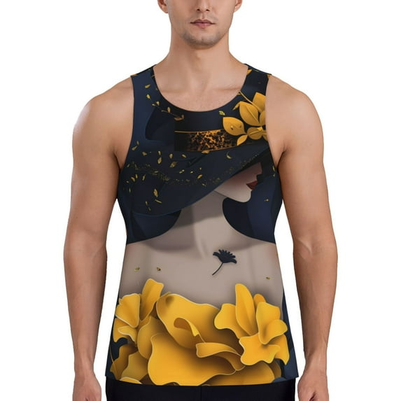 Gukieu Elegant Lady With Hat Print Men's Quick Dry Fitness Vest, Round Neck Sleeveless Fitness Bodybuilding Top-XX-Large