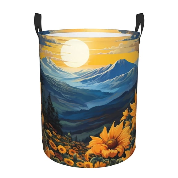 Gukieu Elegant Sunset Sunflower Print Round Dirty Clothes Bag, Waterproof Standing Home Bathroom Storage Basket Car Trunk Storage Bag-Medium