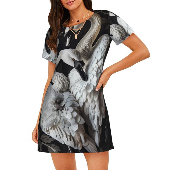 Gukieu Elegant Swans Black Background Print Women's Nightgown, A-line Round Neck Short-sleeved Nightgown Pajamas Home Wear Suitable for Home and Outing