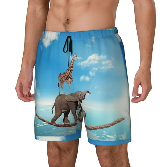 Gukieu Elephant Giraffe Print Men's Double Layer Sports Swim Trunks, Quick Dry Adjustable Waist Swim Shorts Swimwear-XX-Large