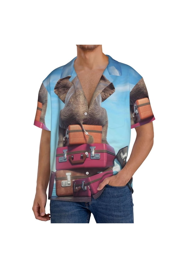 Elephant Sits Print Men's Short-sleeved Shirts, Button-down Pocket Shirts, T-shirts, Beach Vacation Travel Summer Clothing-Medium