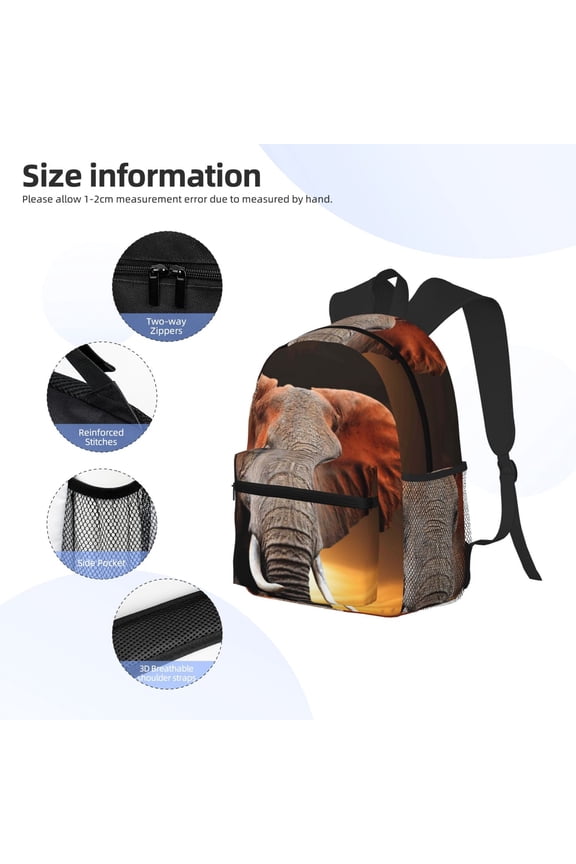 Elephant Sunset in Kenya Print Backpack, Waterproof Backpack with Adjustable Shoulder Straps, Suitable for Campus, Business, Travel, Unisex