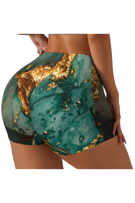 Emerald Color Gold Marble Print Women's Sports Shorts, Elastic Waist High Stretch Running Yoga Gym Sweatpants-Medium