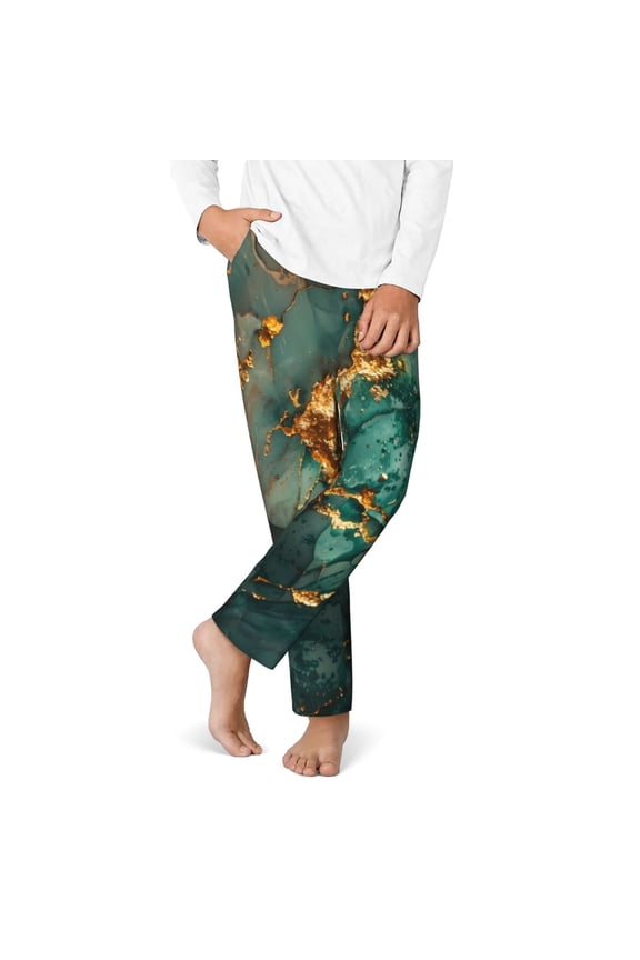 Emerald Color Gold Marble Print Youth Home Trousers, Elastic Waistband with Pockets for Home and Outing, Suitable for Children Aged 5-16-Medium