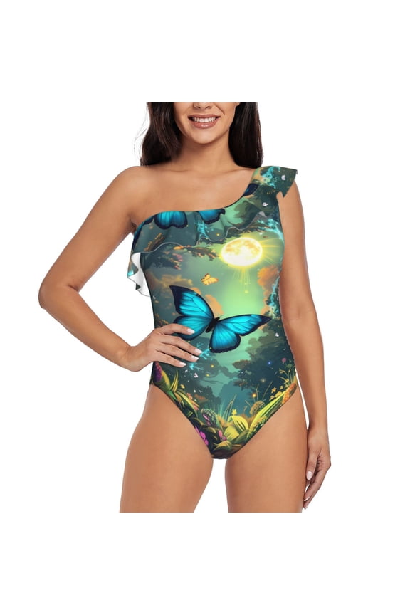 Enchanted Forest Butterfly A Print One-shoulder Ruffled One-piece Swimsuit with Removable Chest Pads and Tummy-control Swimsuit for Women-Large