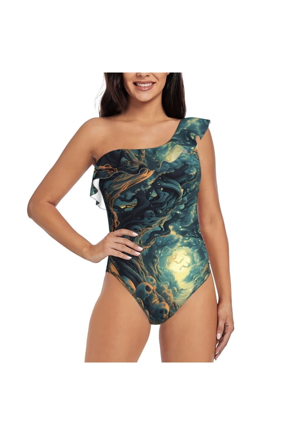 Enchanted Forest Skull Path Print One-shoulder Ruffled One-piece Swimsuit with Removable Chest Pads and Tummy-control Swimsuit for Women-Small