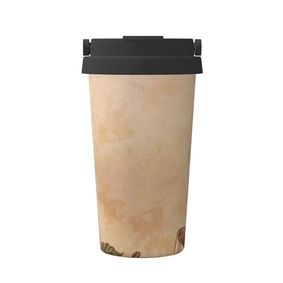 Gukieu Engraved Coffee On Kraft Paper Print Insulated Coffee Cup, Portable Stainless Steel Vacuum Cup with Lid, Unisex, Suitable for Office, Cafe, Car