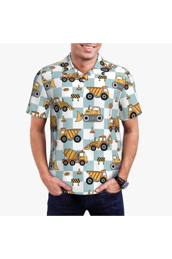Excavator Print Men's Quick-drying POLO Shirt, Button-down Summer T-shirt, Suitable for Work and Outdoor Activities-XX-Large