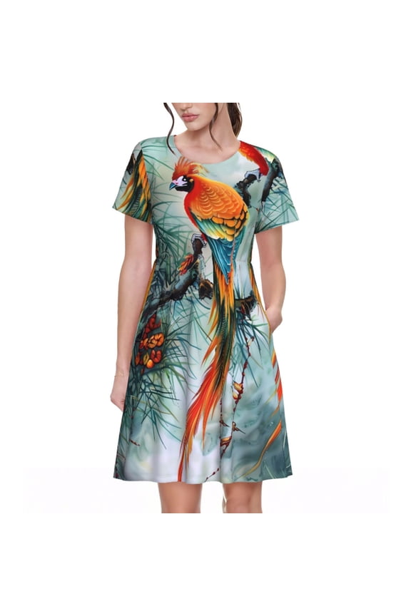 Exotic Birds Forest Print Women's Short Sleeve Dress, Elastic Waistband A-line with Pockets Summer Dress, Suitable for Daily Leisure, Work, Vacation