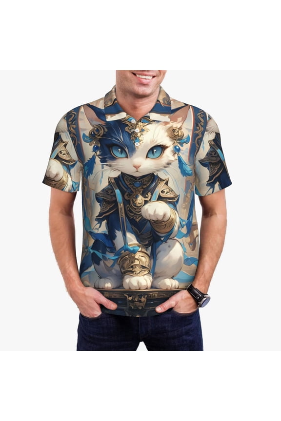 Exotic Blue Cat Print Men's Quick-drying POLO Shirt, Button-down Summer T-shirt, Suitable for Work and Outdoor Activities-Small