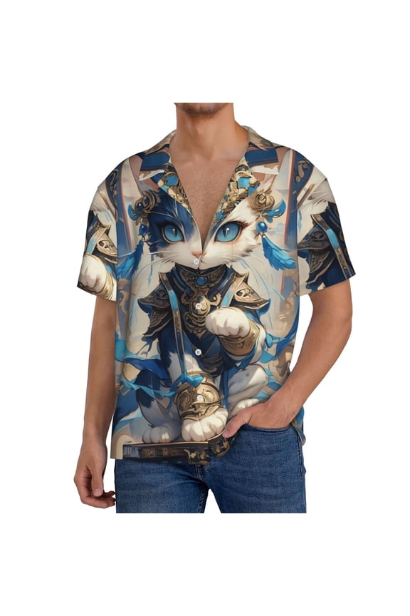 Exotic Blue Cat Print Men's Short-sleeved Shirts, Button-down Pocket Shirts, T-shirts, Beach Vacation Travel Summer Clothing-Medium