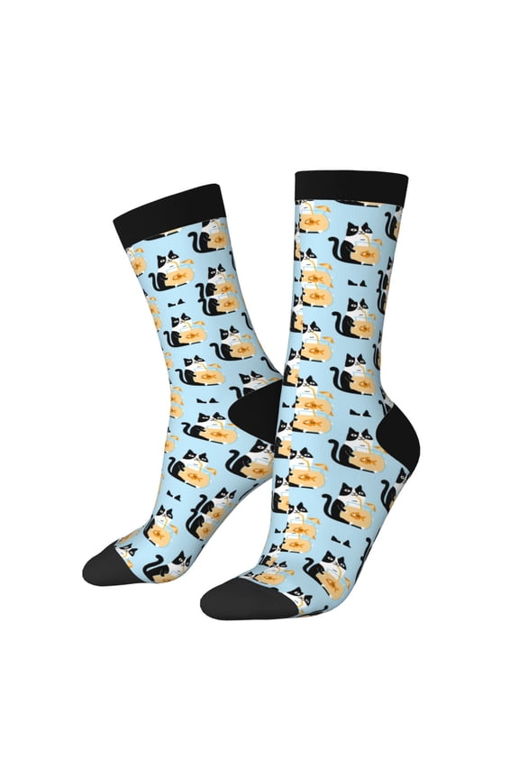 FUNNY CAT IS DRINKING WATER Print Contrast Color Mid-calf Socks, Sweat-wicking Athletic Socks, Unisex Clothing Accessories