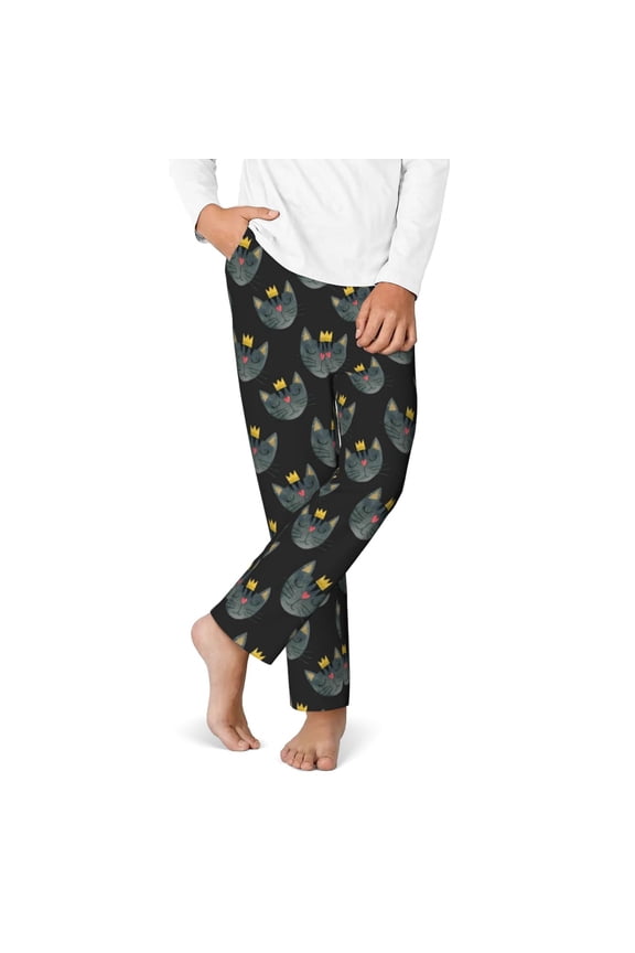 Faces Of The Cat Print Youth Home Trousers, Elastic Waistband with Pockets for Home and Outing, Suitable for Children Aged 5-16-Small