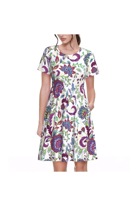 Fairy Flower Print Women's Short Sleeve Dress, Elastic Waistband A-line with Pockets Summer Dress, Suitable for Daily Leisure, Work, Vacation