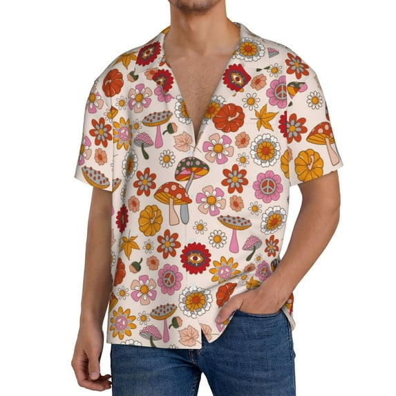 Gukieu Fall 70s Groovy Hippie Print Men's Short-sleeved Shirts, Button-down Pocket Shirts, T-shirts, Beach Vacation Travel Summer Clothing-XX-Large