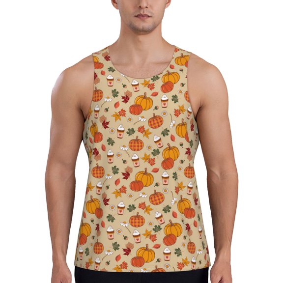 Gukieu Fall Autumn Print Men's Quick Dry Fitness Vest, Round Neck Sleeveless Fitness Bodybuilding Top-3X-Large