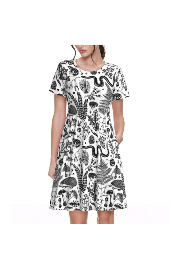 Fall Forest Print Women's Short Sleeve Dress, Elastic Waistband A-line with Pockets Summer Dress, Suitable for Daily Leisure, Work, Vacation