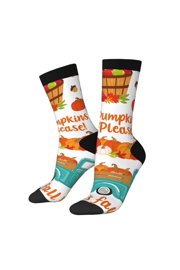 Fall Pumpkins Print Contrast Color Mid-calf Socks, Sweat-wicking Athletic Socks, Unisex Clothing Accessories
