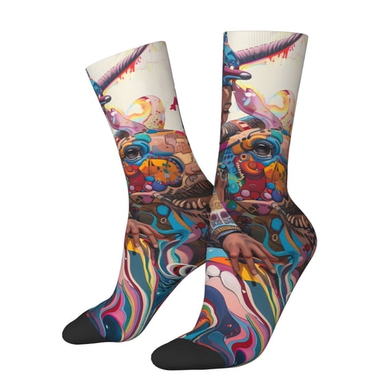 Gukieu Fantasy Colorful Beast Print Contrast Color Mid-calf Socks, Sweat-wicking Athletic Socks, Unisex Clothing Accessories