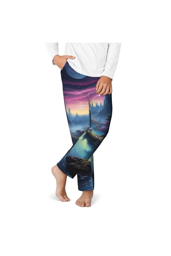 Fantasy Landscape Starry Night Print Youth Home Trousers, Elastic Waistband with Pockets for Home and Outing, Suitable for Children Aged 5-16-Small