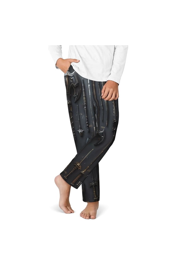 Fantasy Medieval Weaponry Print Youth Home Trousers, Elastic Waistband with Pockets for Home and Outing, Suitable for Children Aged 5-16-Small