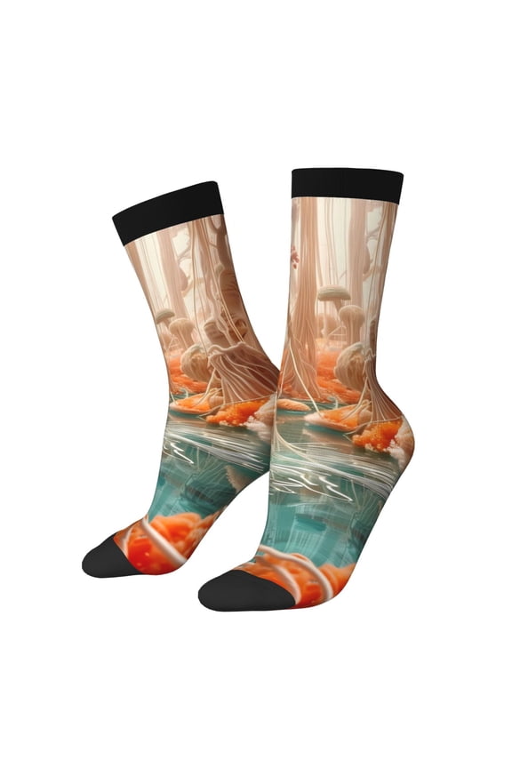 Fantasy Underwater Jellyfish Print Contrast Color Mid-calf Socks, Sweat-wicking Athletic Socks, Unisex Clothing Accessories