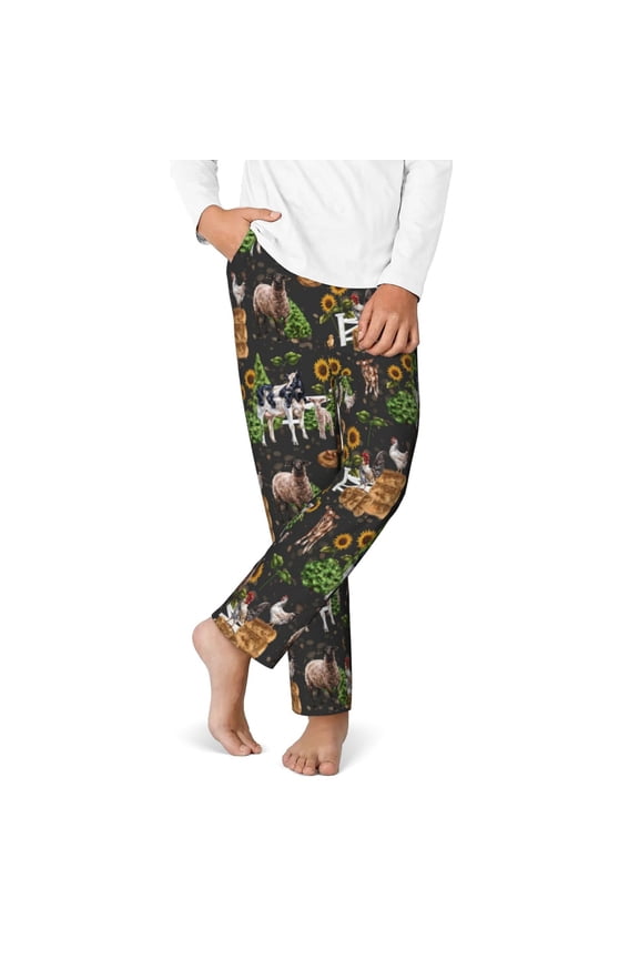 Farm Animals 2 Print Youth Home Trousers, Elastic Waistband with Pockets for Home and Outing, Suitable for Children Aged 5-16-XS(5-6)