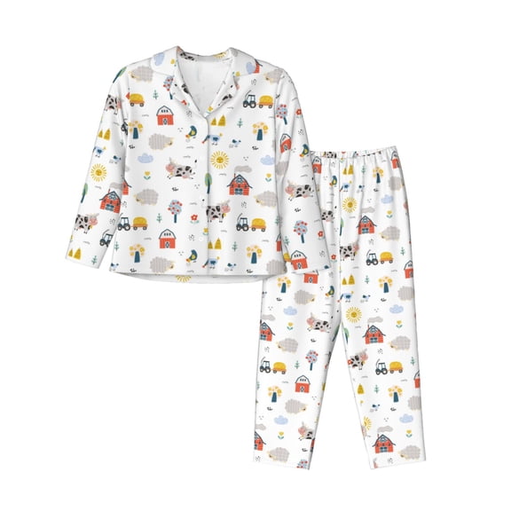 Gukieu Farm Animals Print Women's Long Sleeve Pajama Set, Button Top Elastic Pocket Pajama Pants Two Piece Set Home Wear-Large