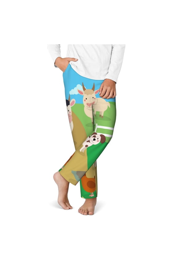 Farm Animals Print Youth Home Trousers, Elastic Waistband with Pockets for Home and Outing, Suitable for Children Aged 5-16-XS(5-6)