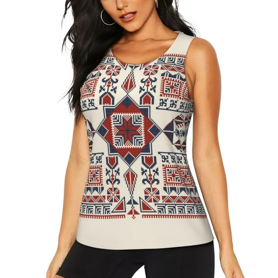 Gukieu Fashion Tatreez1 Print Women's Quick-drying Fitness Vest, Round Neck Sleeveless Fitness T-shirt, Suitable for Yoga, Sports-XX-Large