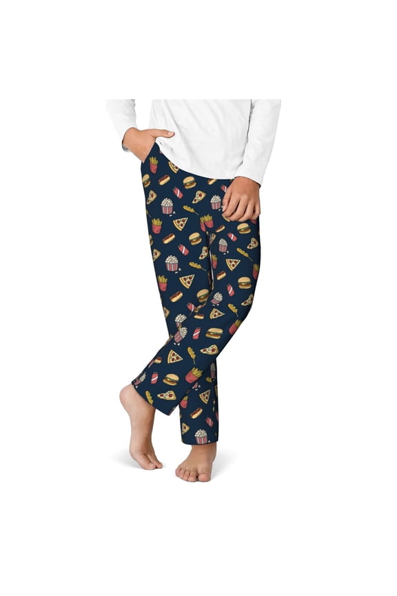 Fast Food Print Youth Home Trousers, Elastic Waistband with Pockets for Home and Outing, Suitable for Children Aged 5-16-Medium