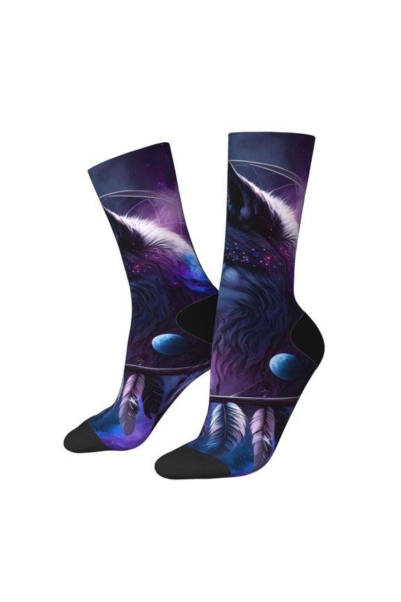 Feathered Wolf Print Contrast Color Mid-calf Socks, Sweat-wicking Athletic Socks, Unisex Clothing Accessories