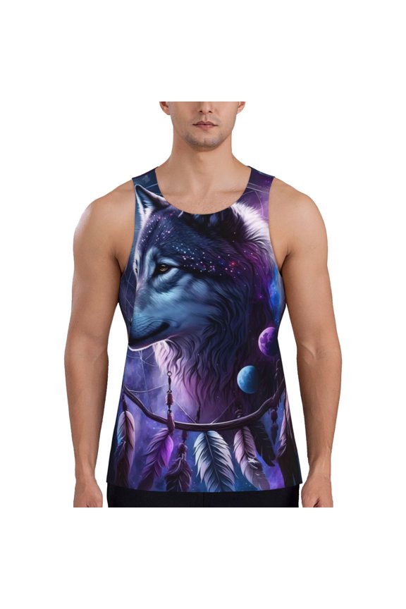 Feathered Wolf Print Men's Quick Dry Fitness Vest, Round Neck Sleeveless Fitness Bodybuilding Top-Large