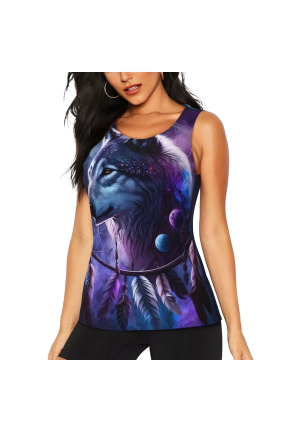 Feathered Wolf Print Women's Quick-drying Fitness Vest, Round Neck Sleeveless Fitness T-shirt, Suitable for Yoga, Sports-Medium