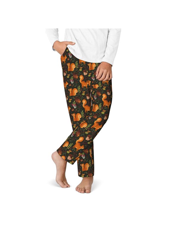 Festive Squirrels Dark Forest Print Youth Home Trousers, Elastic Waistband with Pockets for Home and Outing, Suitable for Children Aged 5-16-Large