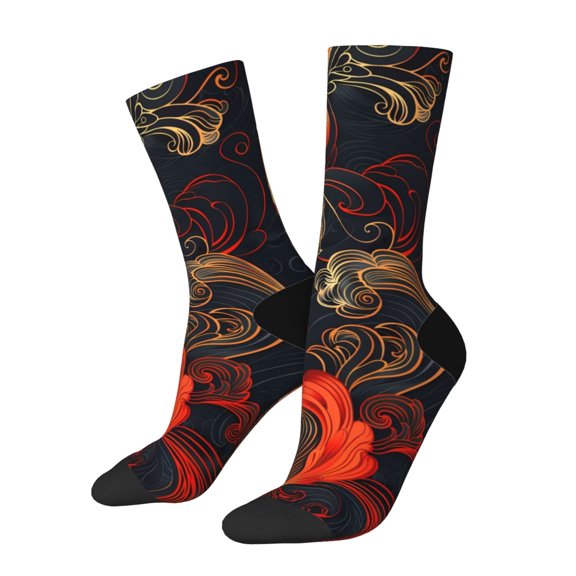 Gukieu Fiery Floral Pattern Print Contrast Color Mid-calf Socks, Sweat-wicking Athletic Socks, Unisex Clothing Accessories