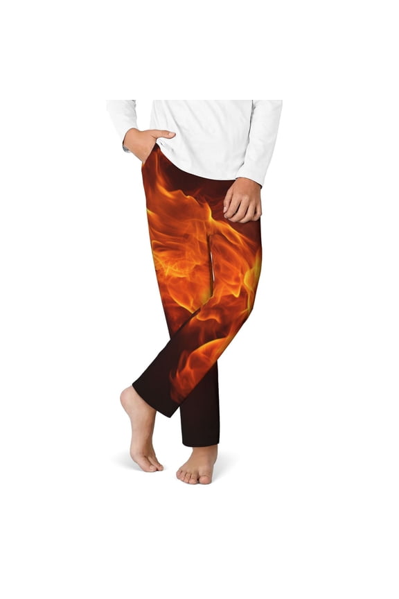 Fiery Orange Flames Energy Print Youth Home Trousers, Elastic Waistband with Pockets for Home and Outing, Suitable for Children Aged 5-16-Small