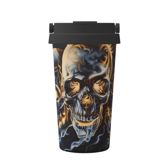 Gukieu Fiery Skull Trio Print Insulated Coffee Cup, Portable Stainless Steel Vacuum Cup with Lid, Unisex, Suitable for Office, Cafe, Car