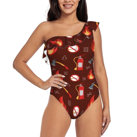 Gukieu Fire Extinguisher Print One-shoulder Ruffled One-piece Swimsuit with Removable Chest Pads and Tummy-control Swimsuit for Women-X-Large