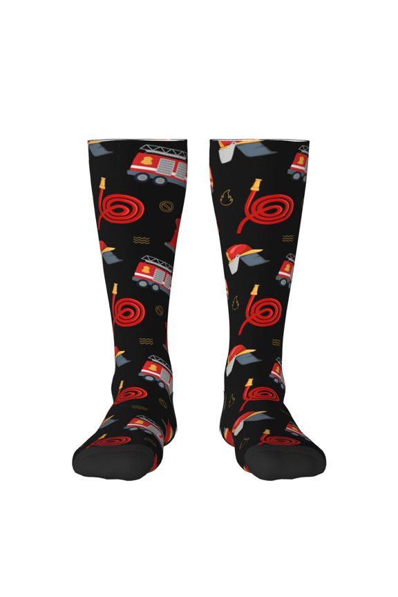 Fire Fighting Print Contrast Color Stockings, Elastic Sports Socks Warm Socks Clothing Accessories, Adult Unisex