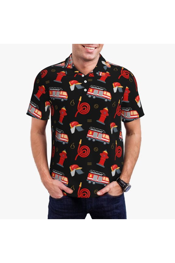 Fire Fighting Print Men's Quick-drying POLO Shirt, Button-down Summer T-shirt, Suitable for Work and Outdoor Activities-Small