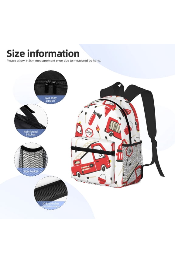 Fire Truck Print Backpack, Waterproof Backpack with Adjustable Shoulder Straps, Suitable for Campus, Business, Travel, Unisex