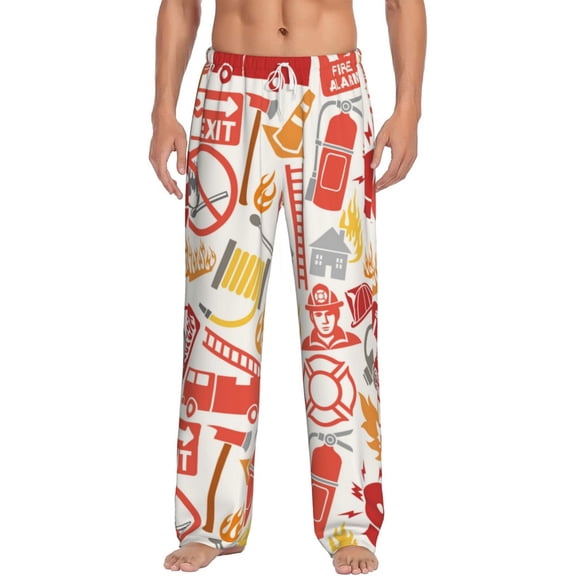 Gukieu Firefighter Icons Print Men's Home Trousers, Elastic Drawstring Home Pajamas Clothing Suitable for Adult Men-Medium