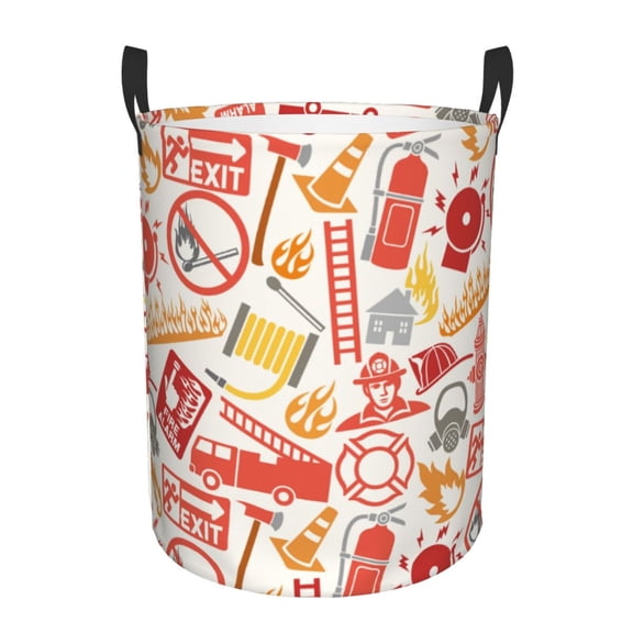 Gukieu Firefighter Icons Print Round Dirty Clothes Bag, Waterproof Standing Home Bathroom Storage Basket Car Trunk Storage Bag-Small