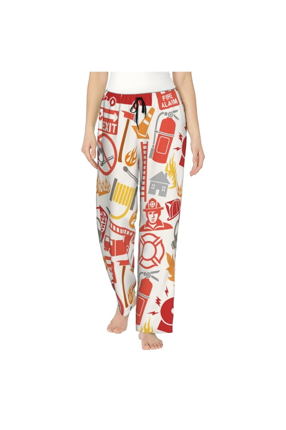 Firefighter Icons Print Women's Home Trousers, with Pockets and Drawstring Pajamas, Home Pajamas, Sleepwear-Small