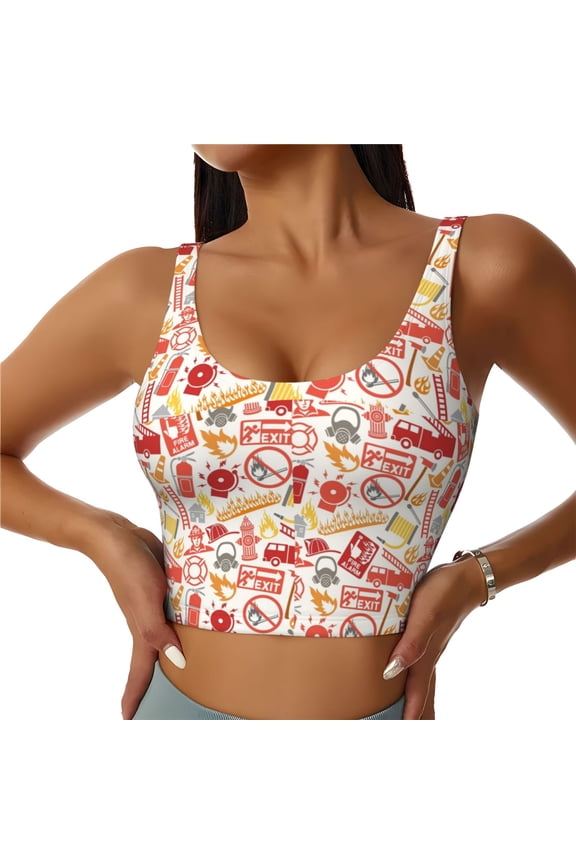 Firefighter Icons Print Women's Sports Vest, Low-neck U-shaped Removable Pad Sports Bra for Yoga, Exercise, Dance-Medium