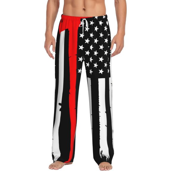 Gukieu Firefighters USA Flag Print Men's Home Trousers, Elastic Drawstring Home Pajamas Clothing Suitable for Adult Men-X-Large