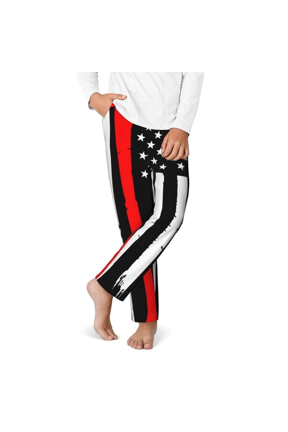Firefighters USA Flag Print Youth Home Trousers, Elastic Waistband with Pockets for Home and Outing, Suitable for Children Aged 5-16-XS(5-6)